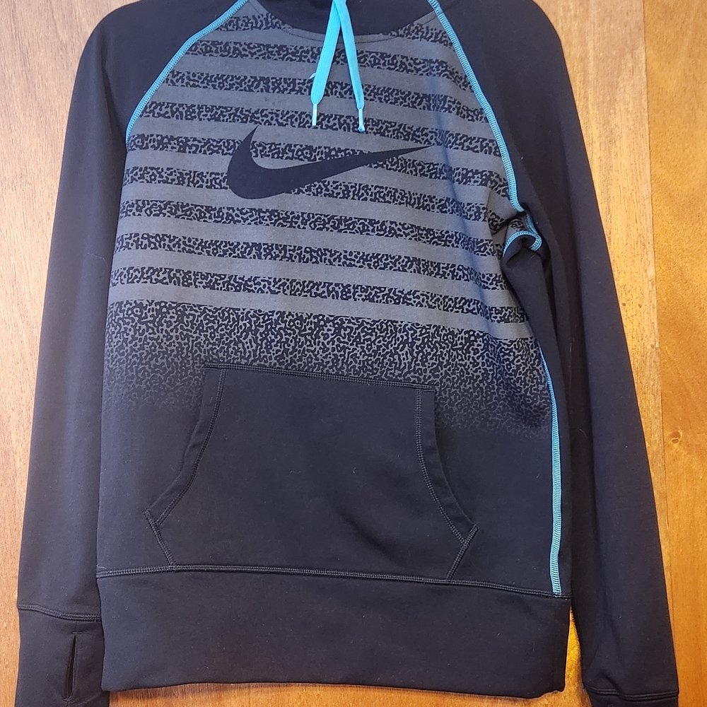 Nike Women's Dri-Fit Black, Grey, and Blue Sweatshirt Size Medium